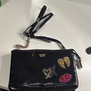 Victoria's Secret Black Wristlet with Gold and Pink Embellishments